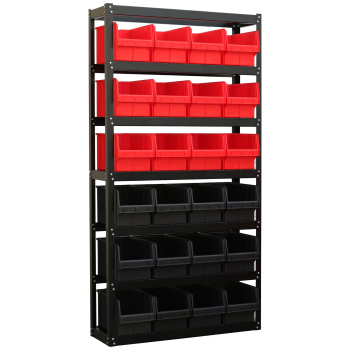 Складской стеллаж с чёрными и красными ящиками ст. 700
